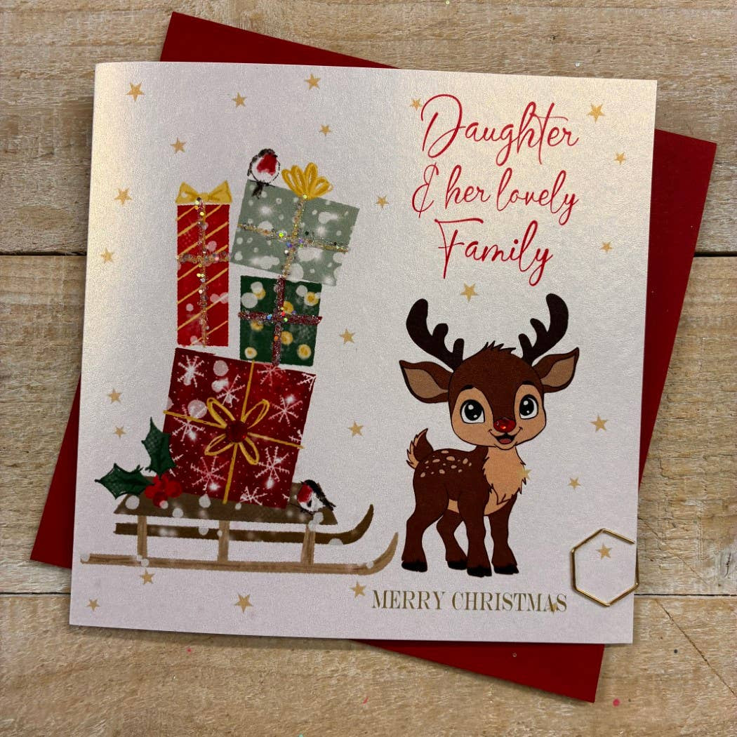 Christmas Card: Daughter & Family Cute Reindeer And Presents Hand Decorated- White Cotton Cards