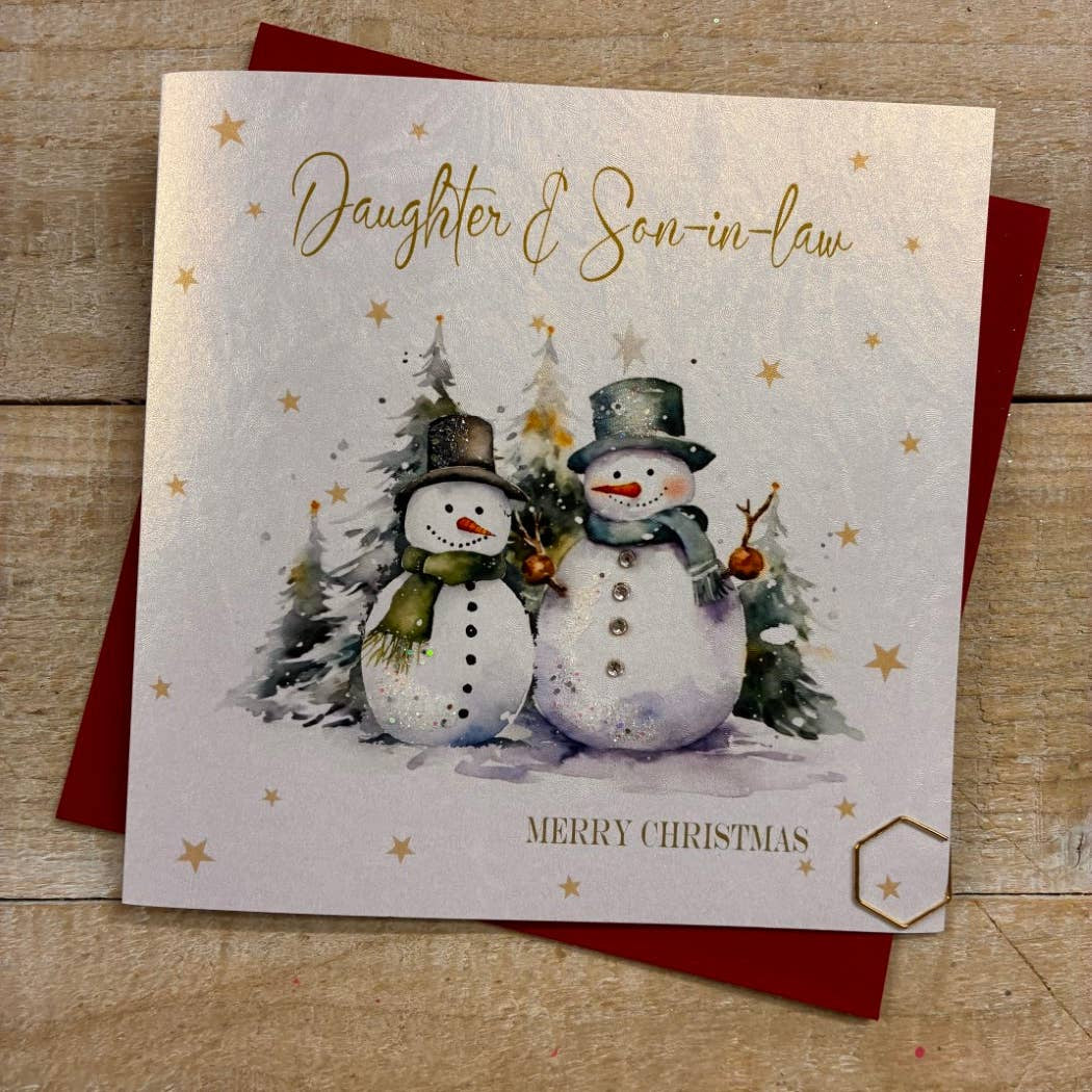 Christmas Card: Daughter & Son In Law Snowmen Hand Decorated- White Cotton Cards