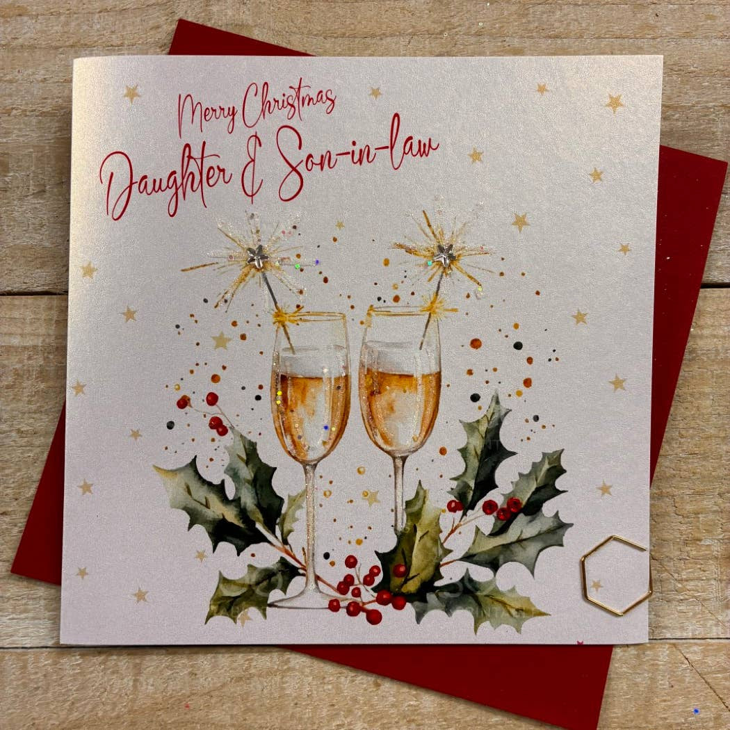 Christmas Card: Daughter & Son In Law Champagne Glasses With Sparklers Hand Decorated- White Cotton Cards