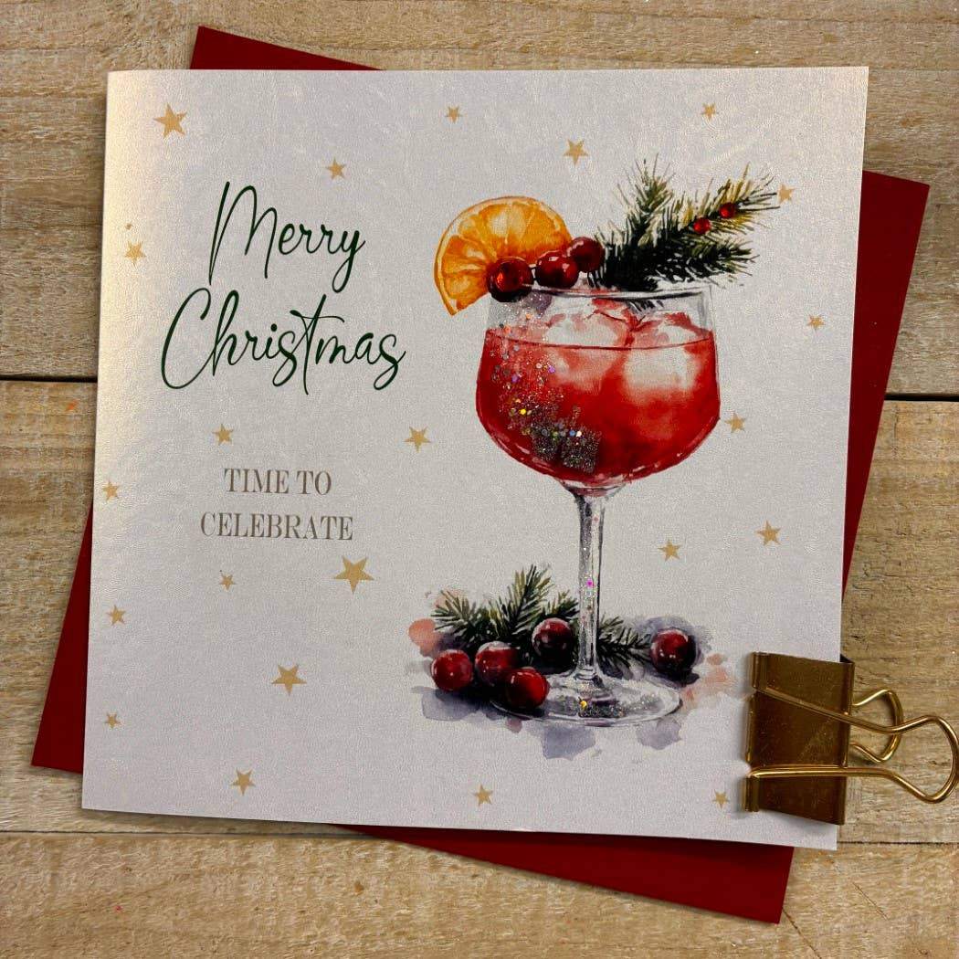 Christmas Card: Merry Christmas Time To Celebrate Cocktail Hand Decorated- White Cotton Cards