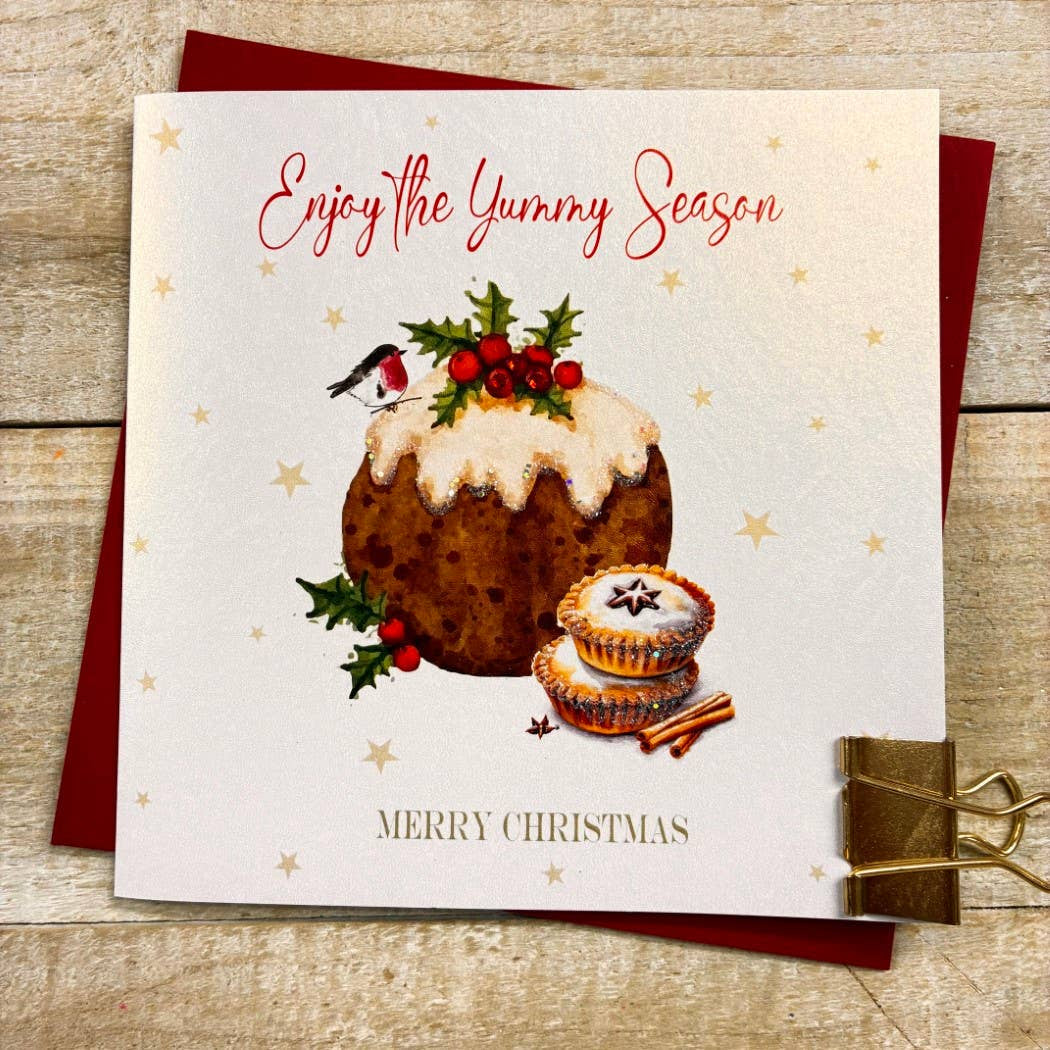 Christmas Card: Merry Christmas Enjoy The Yummy Season Figgy Pudding Hand Decorated- White Cotton Cards