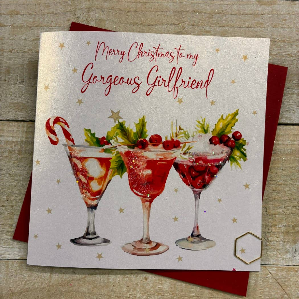 Christmas Card: Girlfriend Cocktail Glasses Hand Decorated- White Cotton Cards