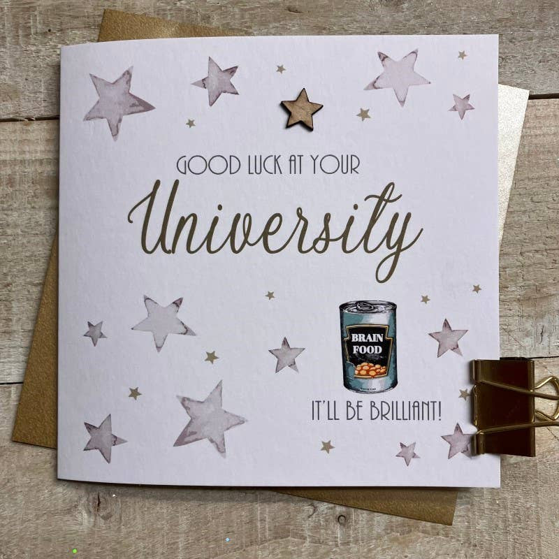 Good Luck Card: University - Beans - Hand Finished  - White Cotton