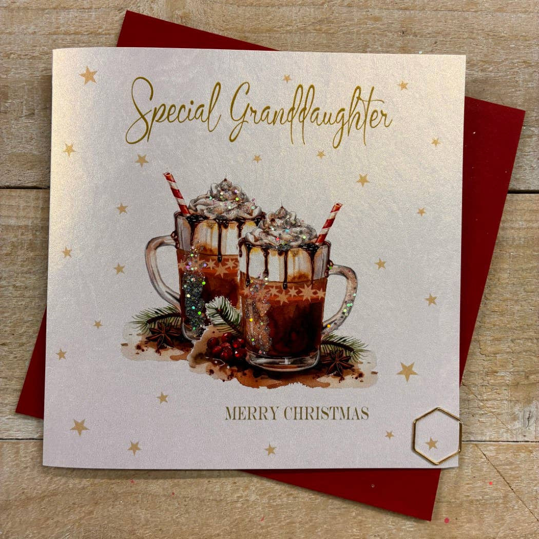 Christmas Card: Granddaughter Merry Christmas Hot Chocolate Hand Decorated- White Cotton Cards