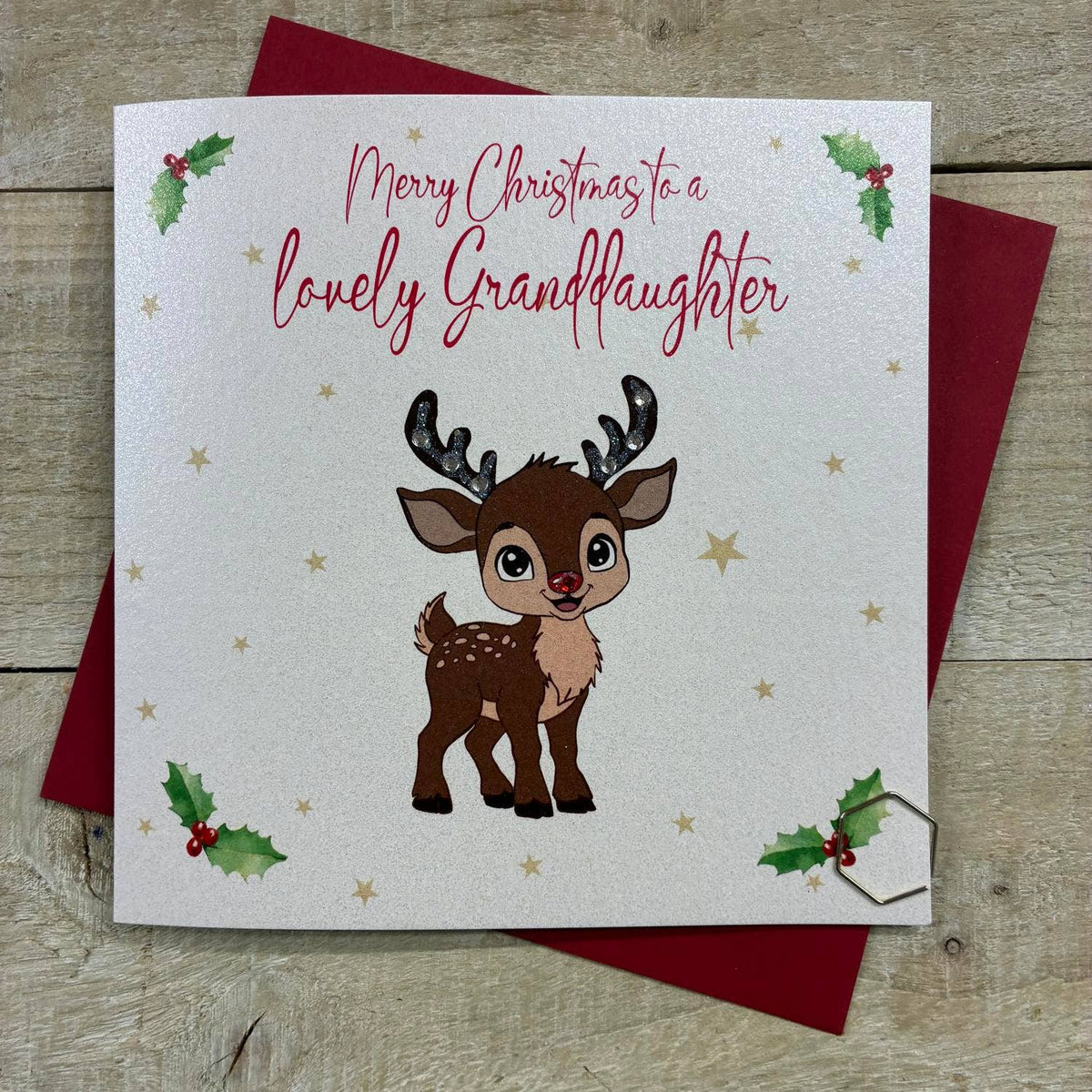 Christmas Card: Granddaughter Cute Reindeer Hand Decorated- White Cotton Cards