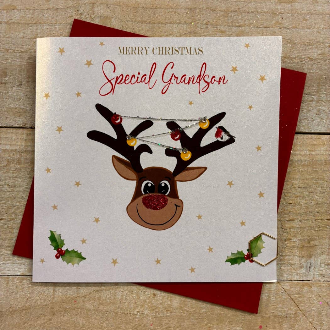 Christmas Card: Grandson Merry Christmas Cute Reindeer  Hand Decorated- White Cotton Cards
