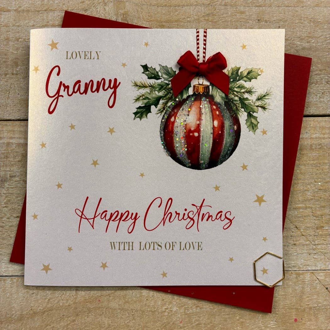 Christmas Card: Granny Happy Christmas With Love Xmas Bauble - Hand Decorated- White Cotton Cards
