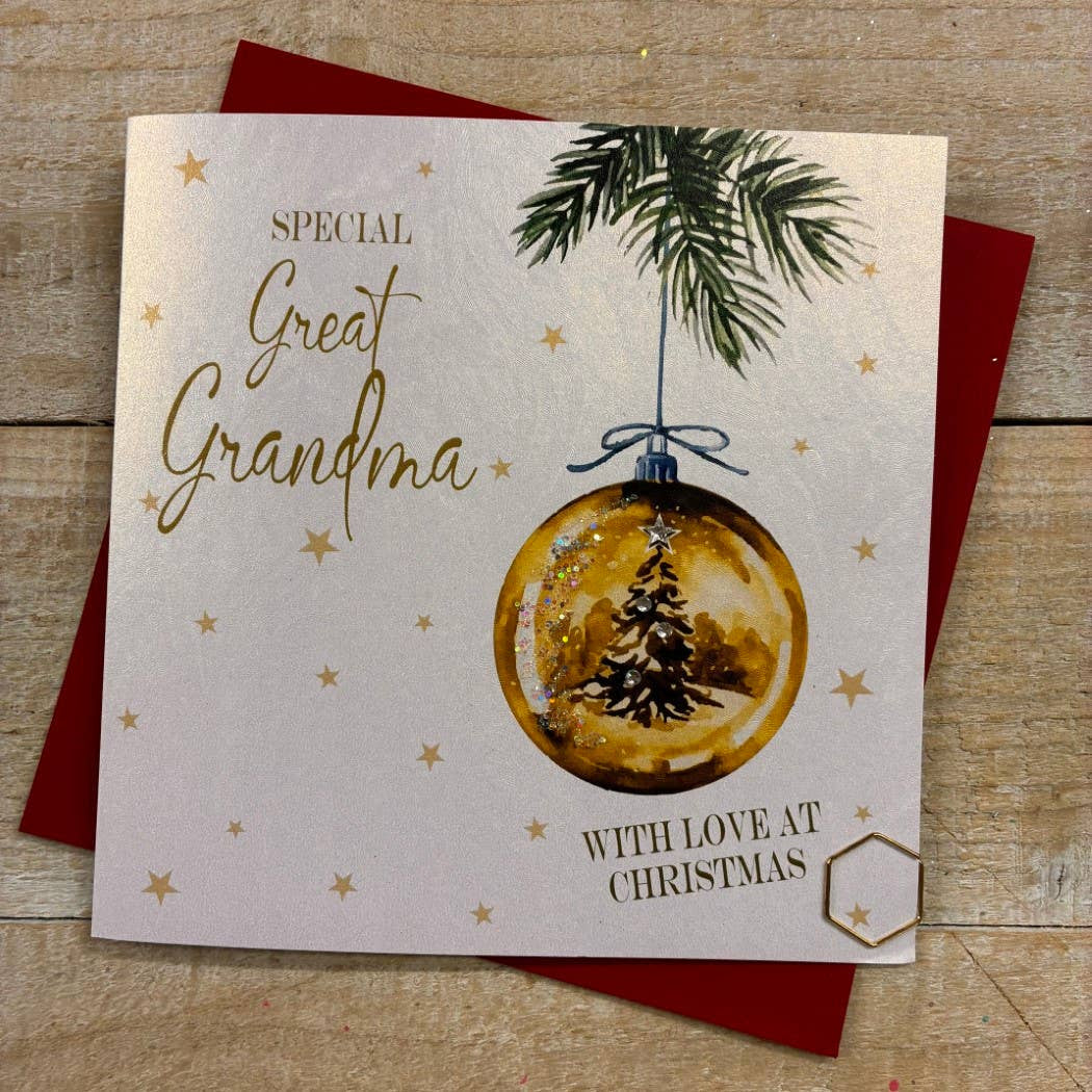 Christmas Card: Great Grandma With Love Xmas Bauble - Hand Decorated- White Cotton Cards