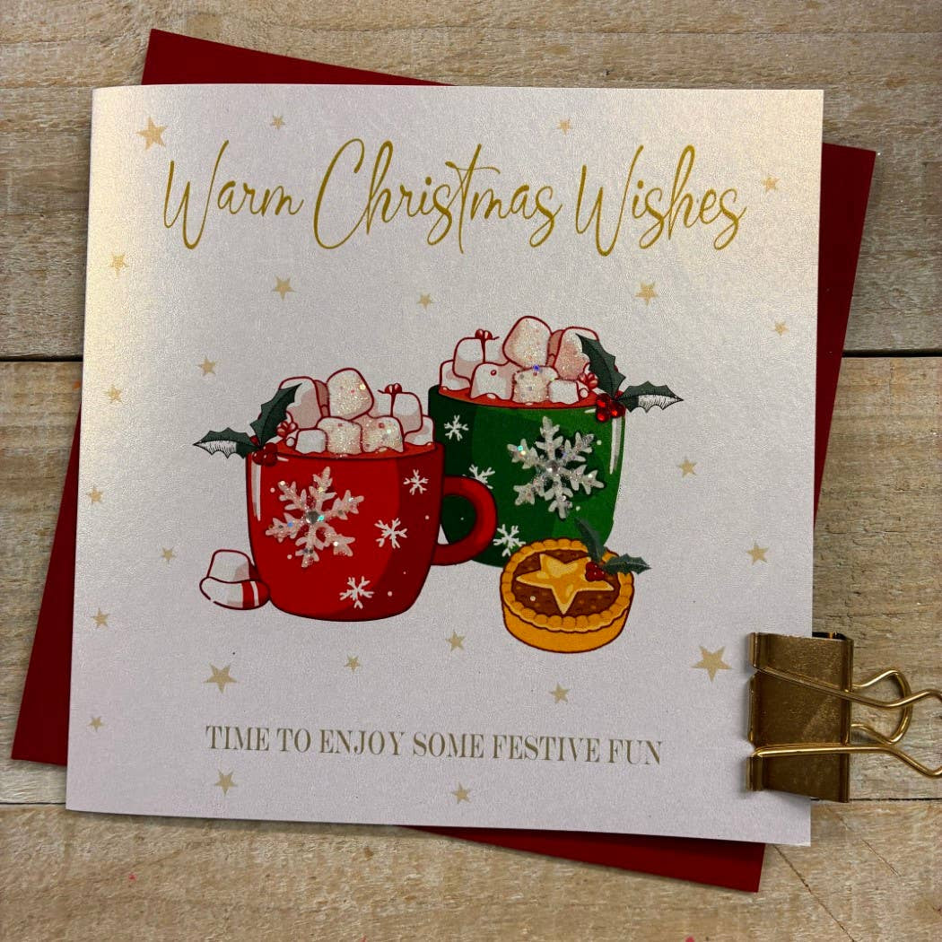 Christmas Card: Warm Christmas Wishes Hot Chocolate  - Hand Decorated- White Cotton Cards
