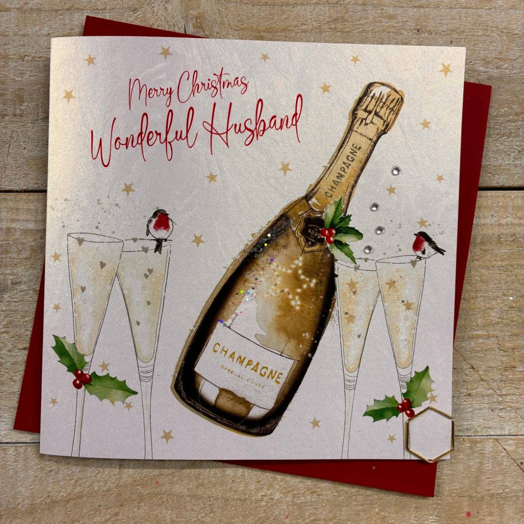Christmas Card: Husband Merry Christmas Champagne Bottle - Hand Decorated- White Cotton Cards