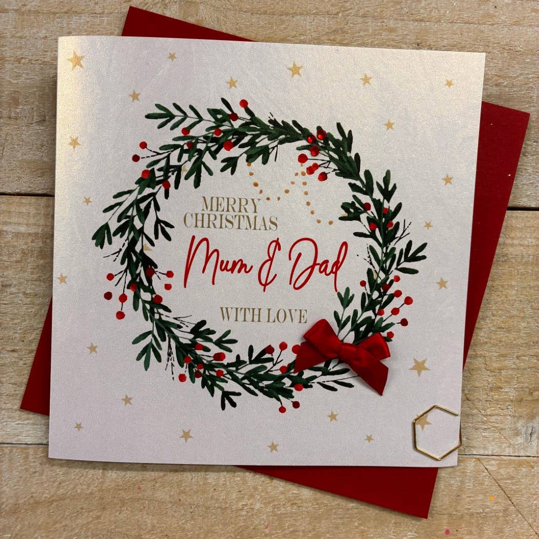 Christmas Card: Merry Christmas Mum & Dad Holly Wreath  Hand Decorated- White Cotton Cards