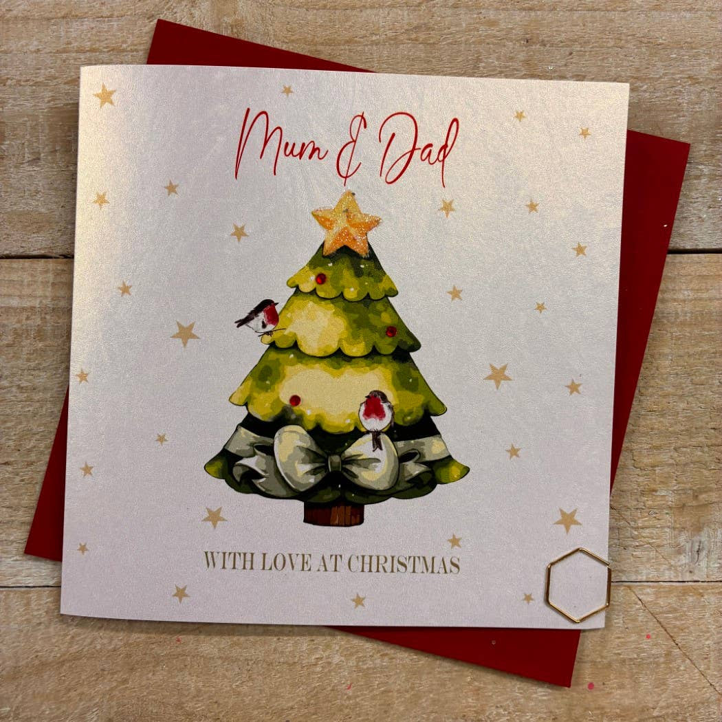 Christmas Card: Merry Christmas Mum & Dad Xmas Tree Hand Decorated- White Cotton Cards