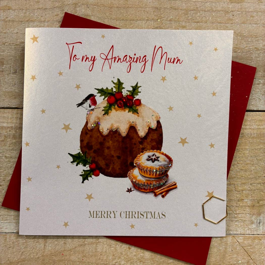 Christmas Card: Amazing Mum Merry Christmas  Figgy Pudding Hand Decorated- White Cotton Cards