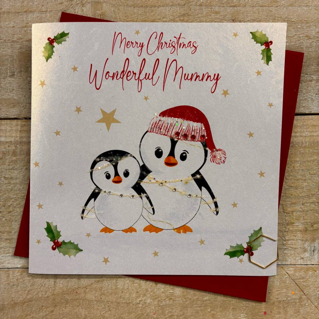 Christmas Card: Merry Christmas Wonderful Mummy Cute Penguins Hand Decorated- White Cotton Cards
