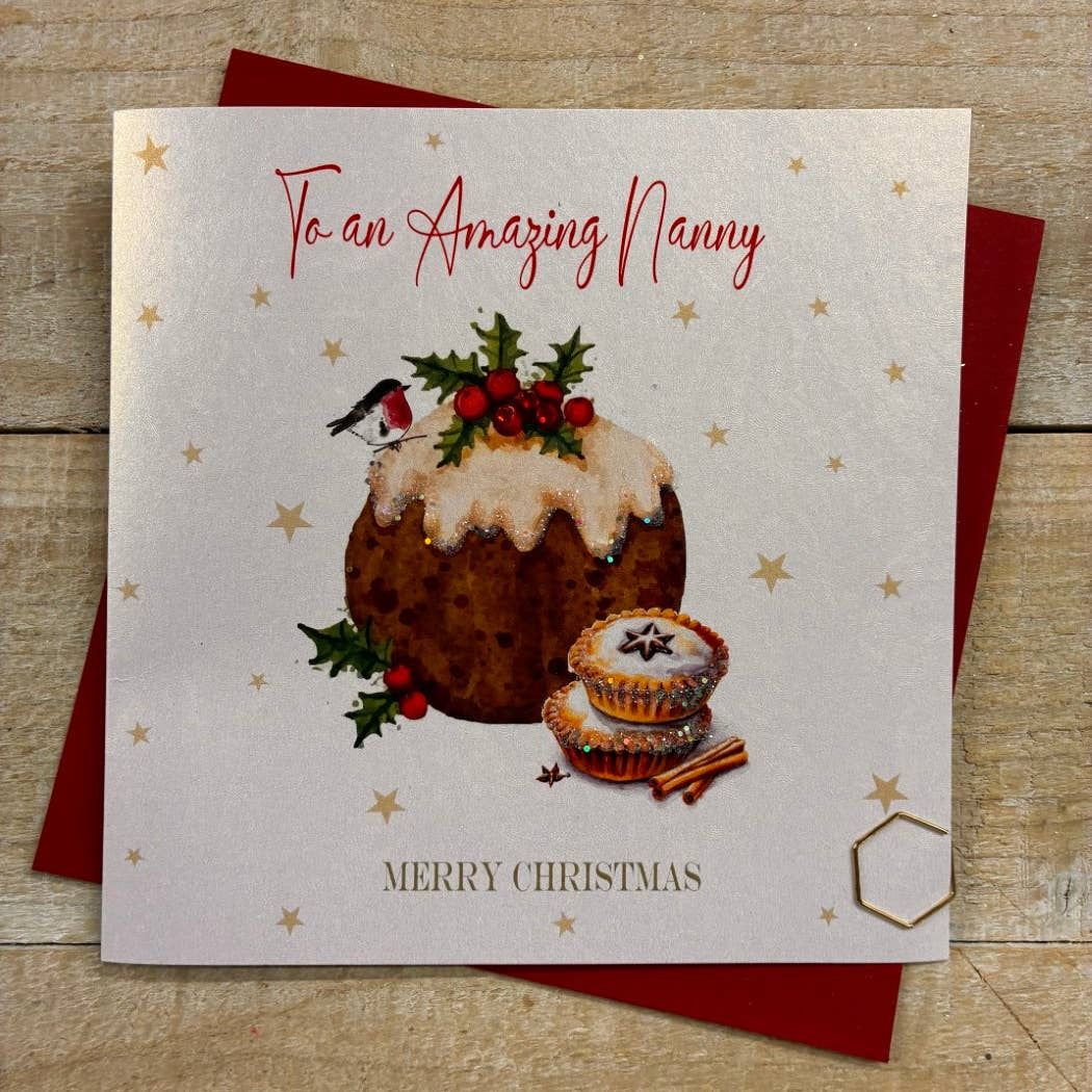 Christmas Card: Amazing Nanny  Merry Christmas Figgy Pudding Hand Decorated- White Cotton Cards