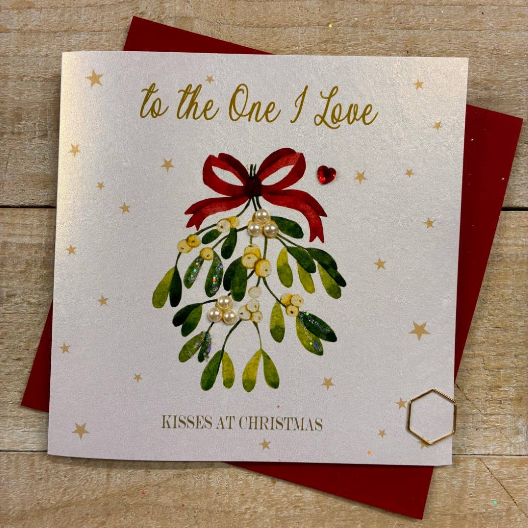 Christmas Card: To The One I Love Mistle Toe - Hand Decorated- White Cotton Cards