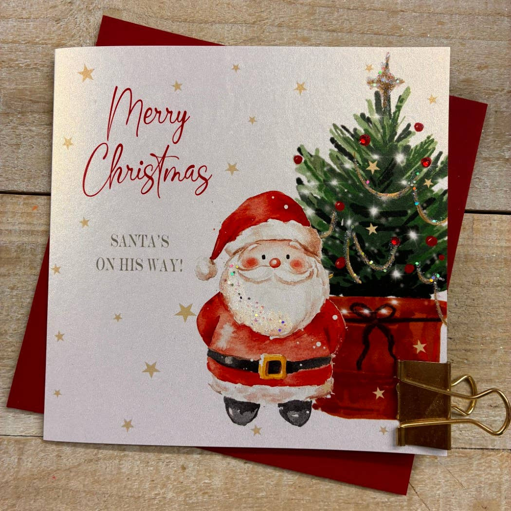 Christmas Card: Merry Christmas Santa And Xmas Tree - Hand Decorated- White Cotton Cards