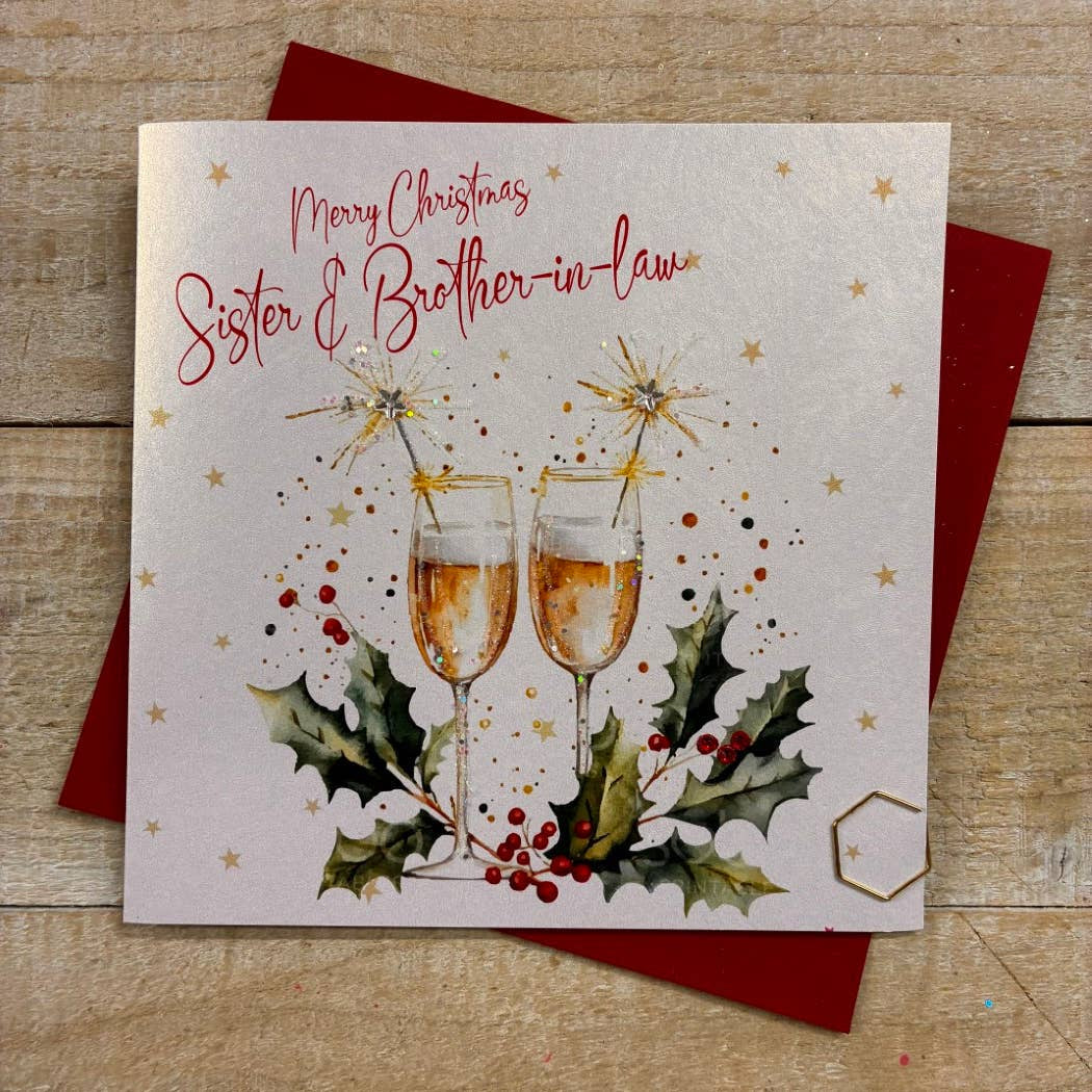 Christmas Card: Sister & Brother In Law Champagne Glasses With Sparklers  Hand Decorated- White Cotton Cards