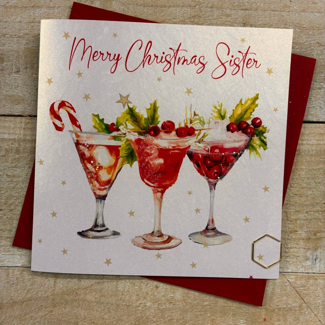 Christmas Card: Sister Cocktail Glasses Hand Decorated- White Cotton Cards