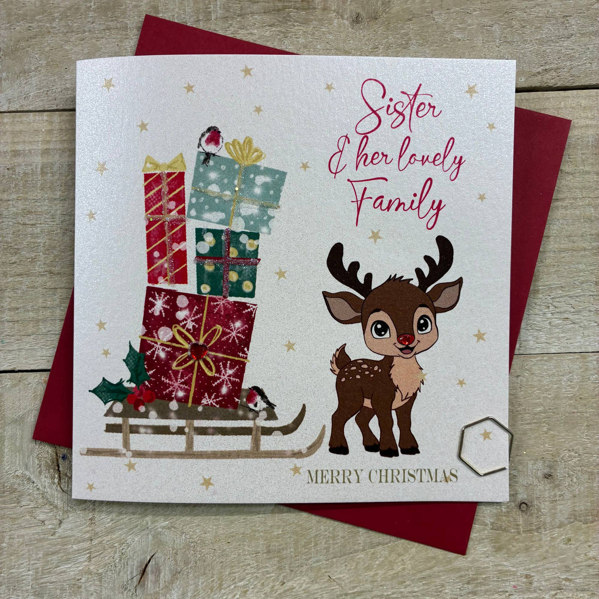 Christmas Card: Sister &  Family Cute Reindeer And Presents Hand Decorated- White Cotton Cards