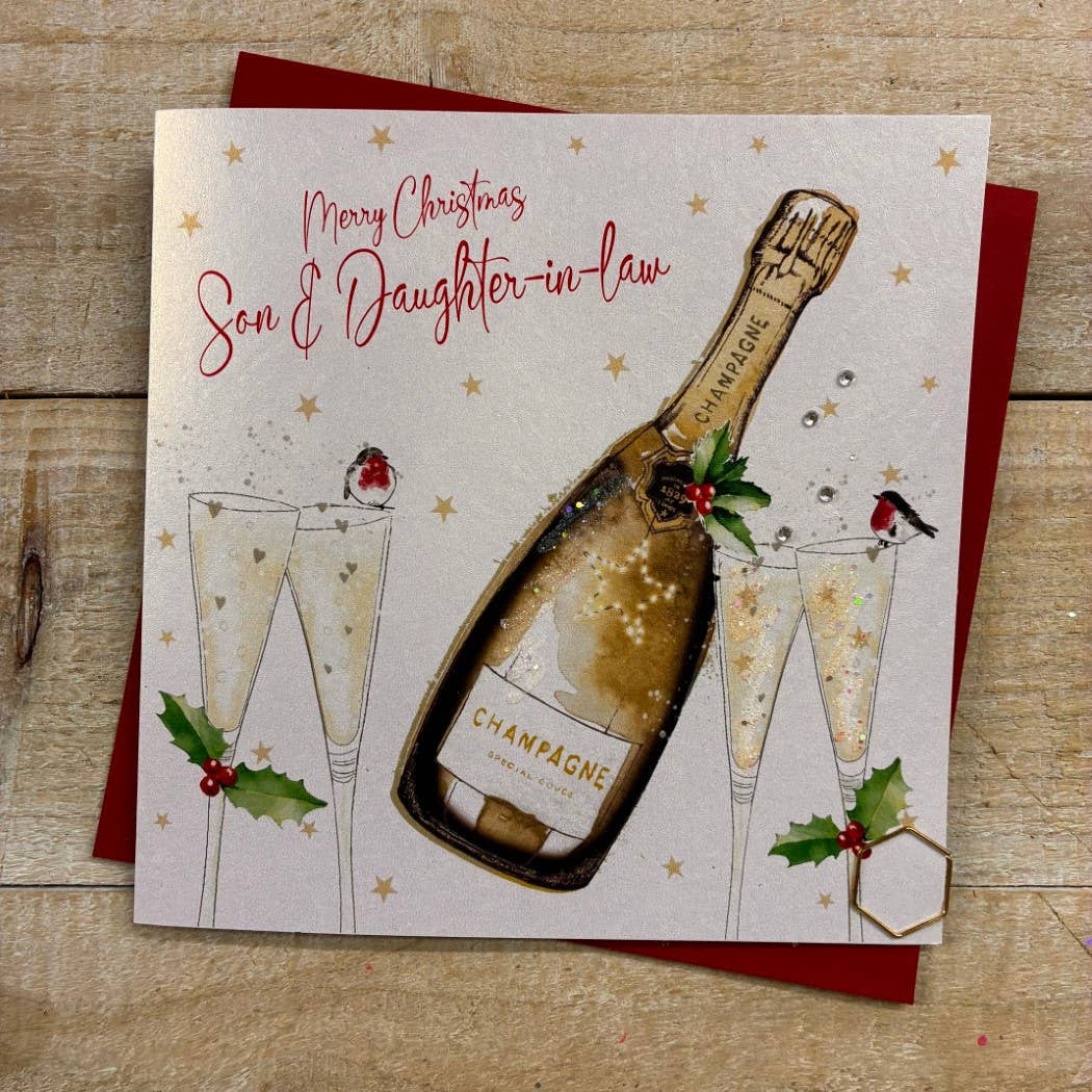 Christmas Card: Son & Daughter In Law  Merry Christmas Champagne Bottle - Hand Decorated- White Cotton Cards