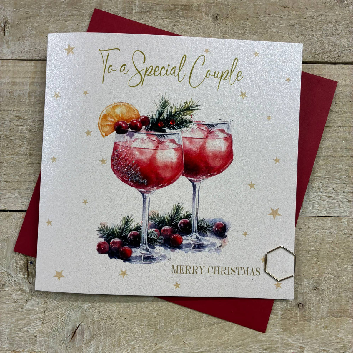 Christmas Card: Special Couple Cocktail Glasses Hand Decorated- White Cotton Cards