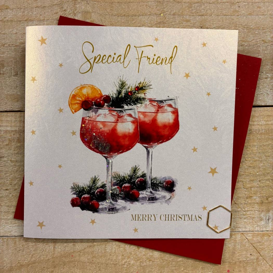 Christmas Card: Special Friend Cocktail Glasses Hand Decorated- White Cotton Cards