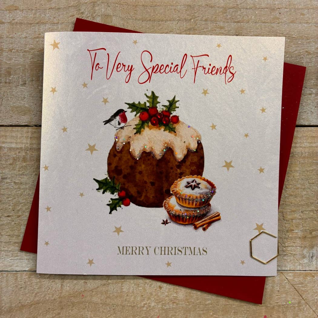 Christmas Card: Special Friends Merry Christmas Figgy Pudding Hand Decorated- White Cotton Cards