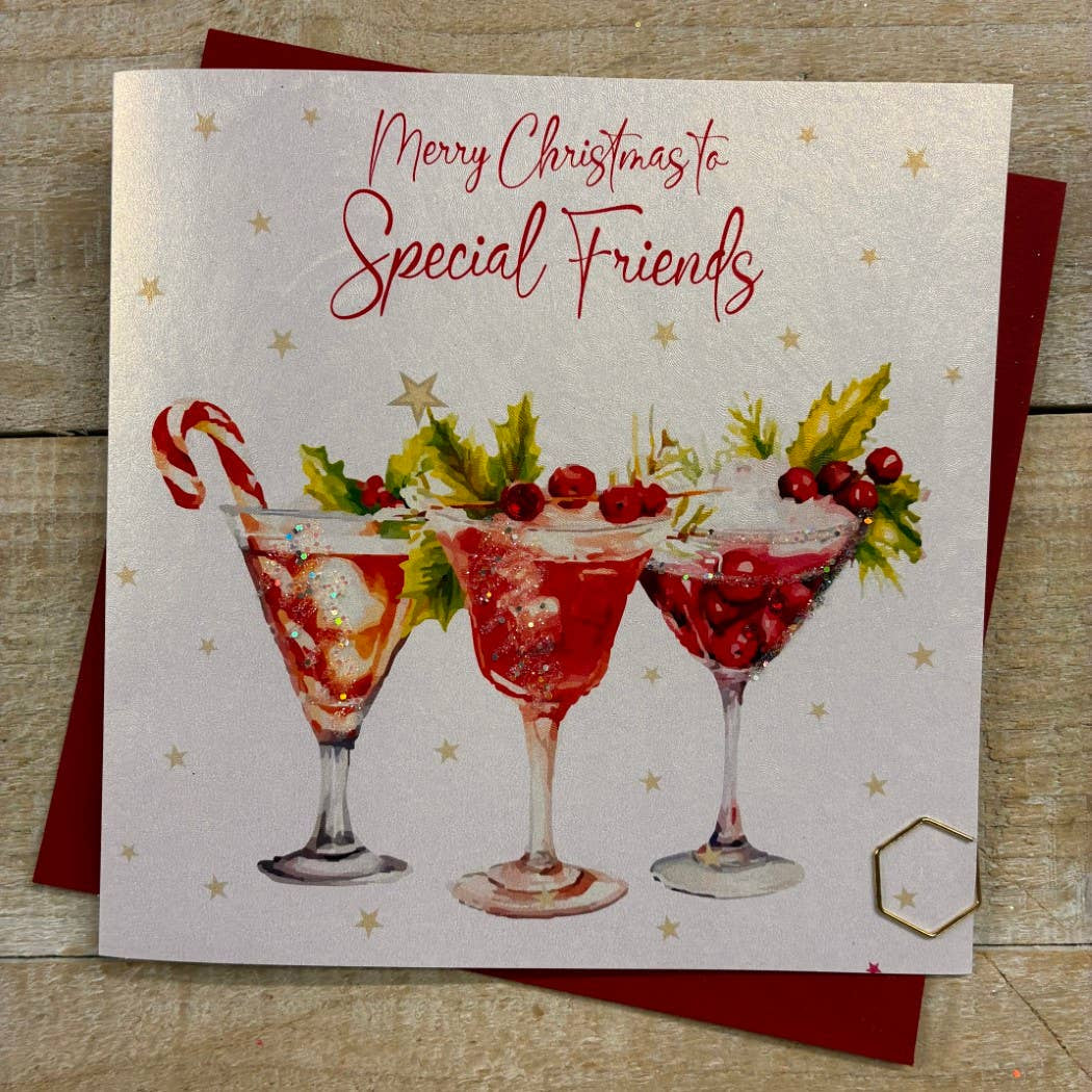 Christmas Card: Special Friends Cocktail Glasses Hand Decorated- White Cotton Cards