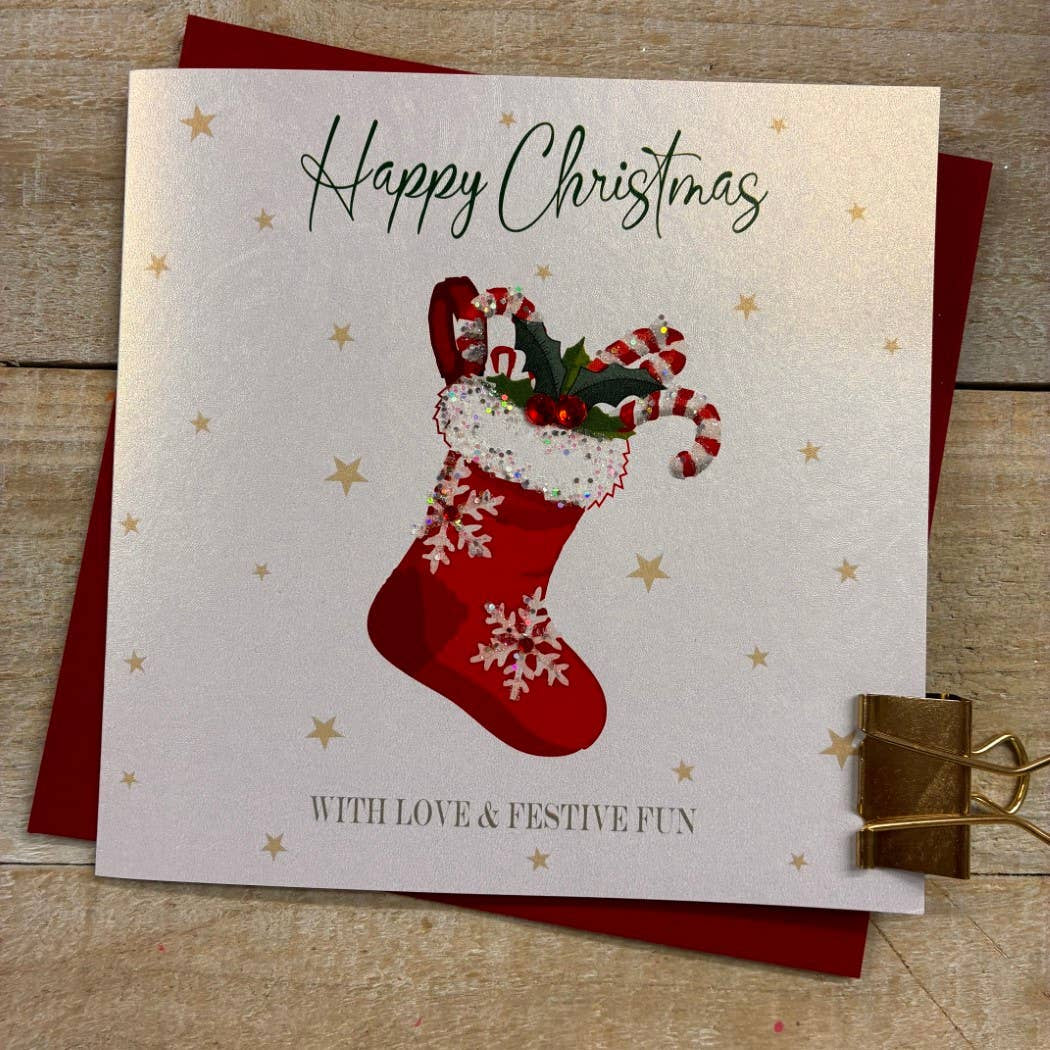 Christmas Card: Happy Christmas Xmas Stocking - Hand Decorated- White Cotton Cards