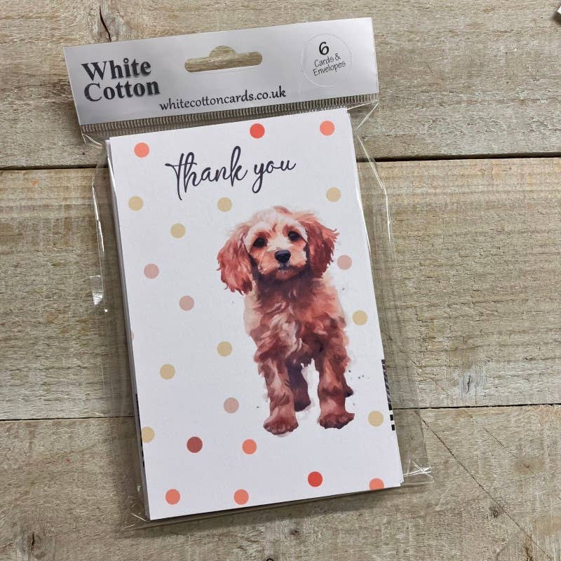Thank You Card: Pack 6 Cockapoo - Hand Finished - White Cotton