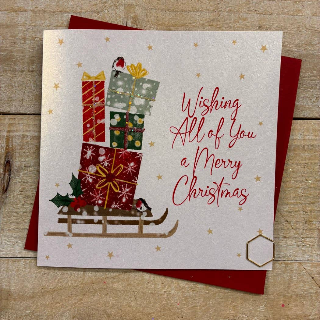 Christmas Card: Merry Christmas To All Of You Xmas Presents  - Hand Decorated- White Cotton Cards