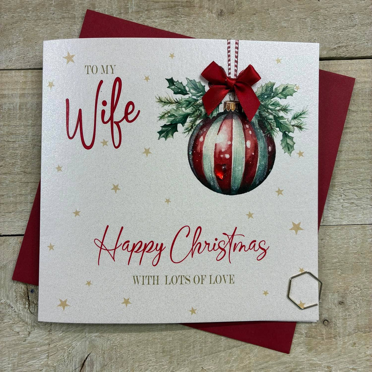 Christmas Card: Happy Christmas To My Wife Xmas Bauble - Hand Decorated- White Cotton Cards
