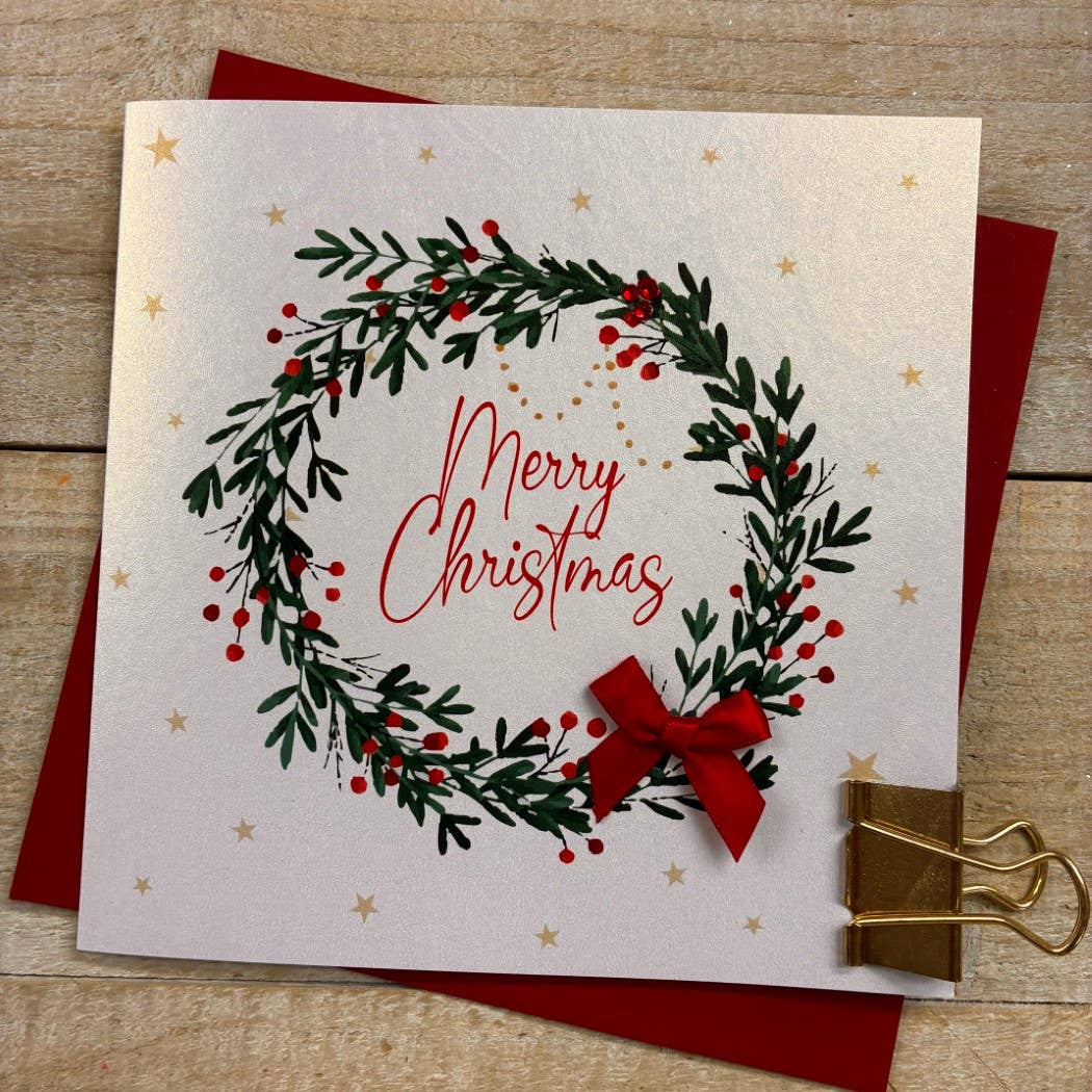 Christmas Card: Merry Christmas  Holly Wreath Hand Decorated- White Cotton Cards