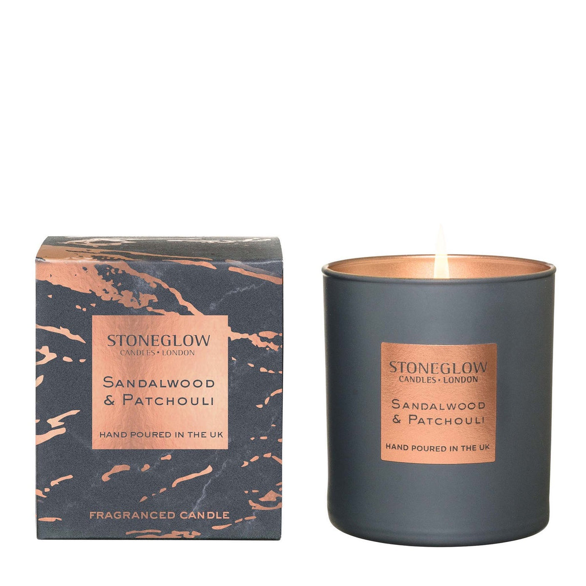 Candle: Scented Glass Tumbler 40hrs Grey and Rose Gold - Sandalwood and Patchouli