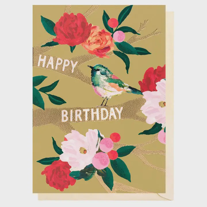 Birthday Card: Birthday Bids & Blooms  GOLD FOIL - Louise Tiler
