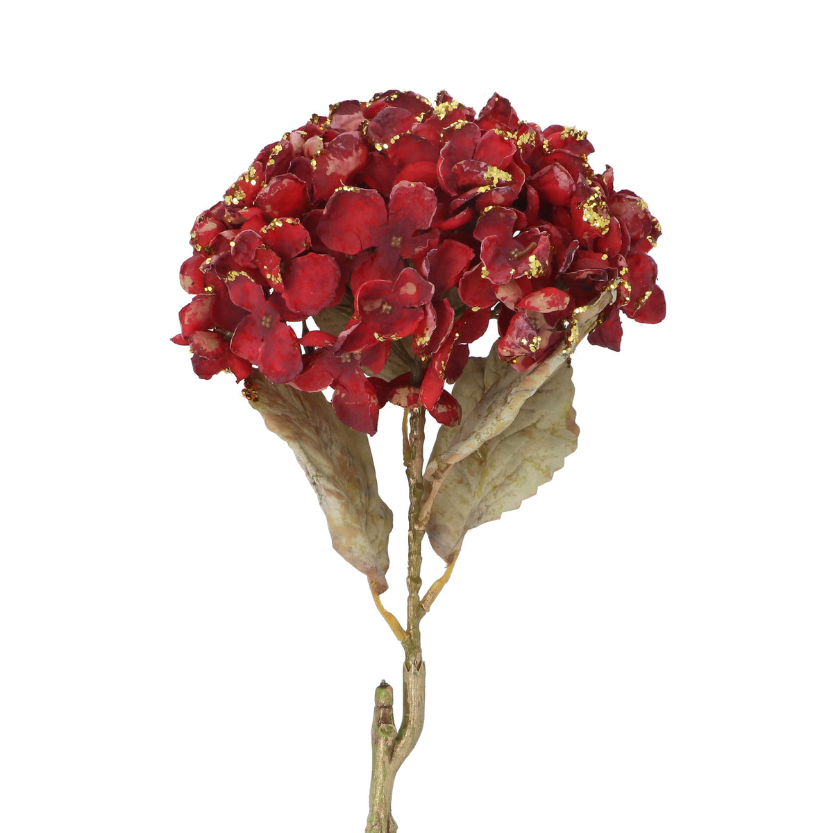 Flower Stem: Faux  Burgundy & Gold Glitter Hydrangea 63cm - Red - Gisela Graham