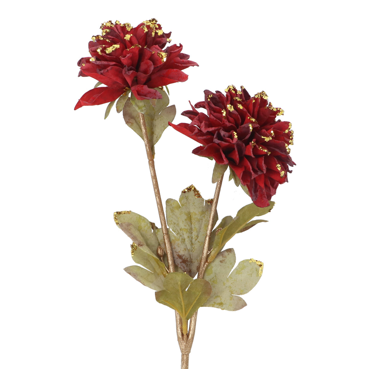 Flower Stem: Faux Burgundy & Gold Glitter Dahlia 57cm  -  Red - Gisela Graham