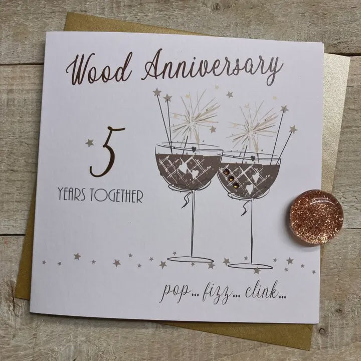 Anniversary Card: 15th Wood Anniversary Champagne Glasses - White Cotton Cards