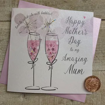 Mothers Day Card: Champagne Glasses Amazing Mum Hand Finished Crystals & Glitter - Pink - White Cotton Cards
