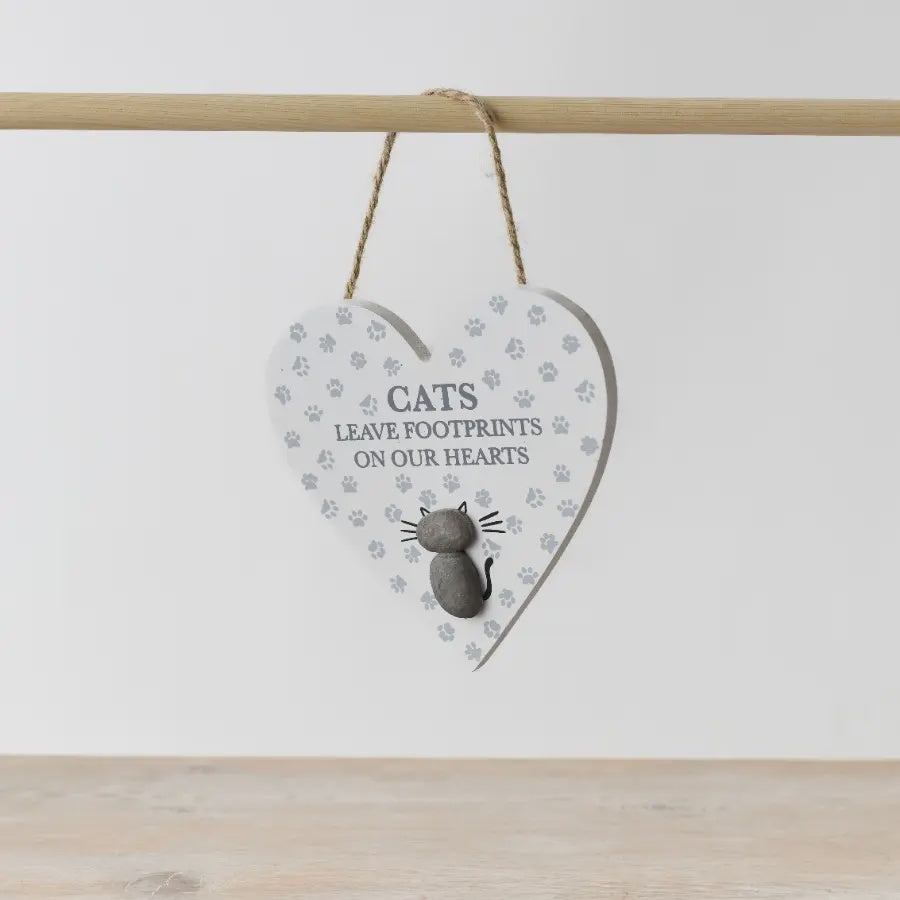 Hanging Dec: Wood Cats Leave Footprints Heart Pebble - White - Gainsborough Giftware