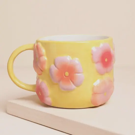Mug: Ceramic Retro Floral Yellow and Pink - Lisa Angel
