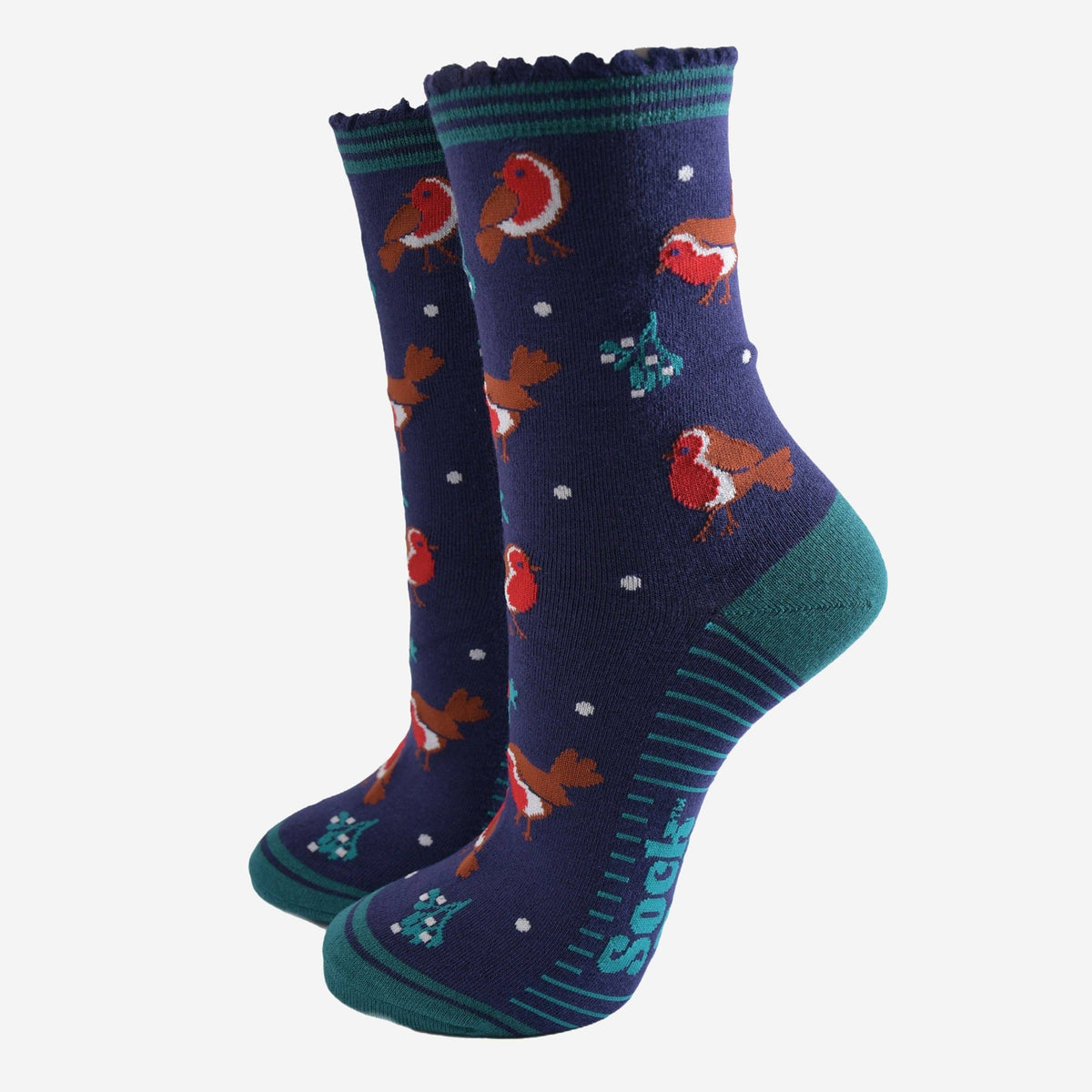 Ladies Socks: Bamboo Christmas Robin - Navy Blue Green - Sock Talk