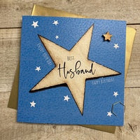 Husband Card:  Big Star Hand Finished Wood Star - Blue - White Cotton Cards