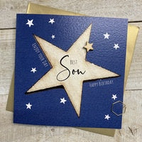 Son card: Big Star Hand Finished Wood Star - Blue - White Cotton Cards