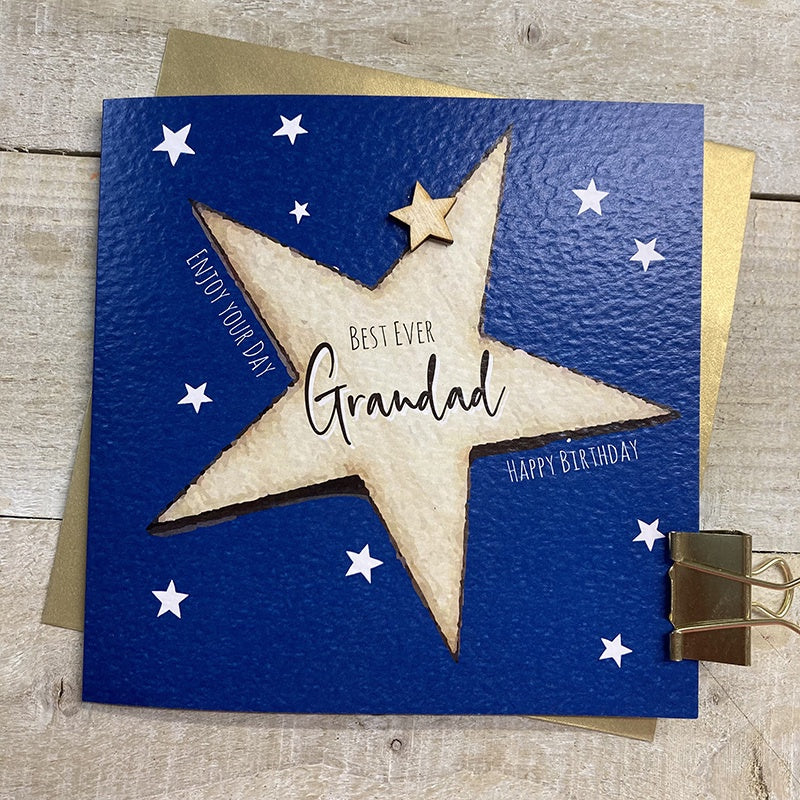 Grandad Card: Best Ever Grandad - Hand Finished Wood Star - Blue - White Cotton Cards
