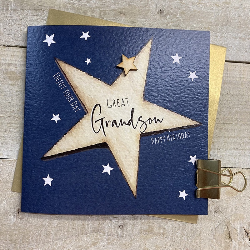 Grandson Card: Great Grandson Big Star Hand Finished Wood Star - Blue - White Cotton Cards