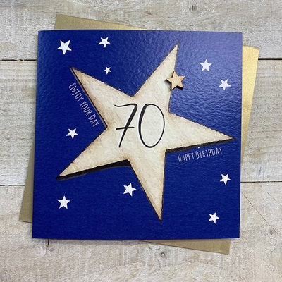 Age 70th Card: Big Star Hand Finished Wood Star - Blue - White Cotton Cards