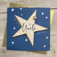 Uncle Card: Big Star Hand Finished Wood Star - Blue - White Cotton Cards