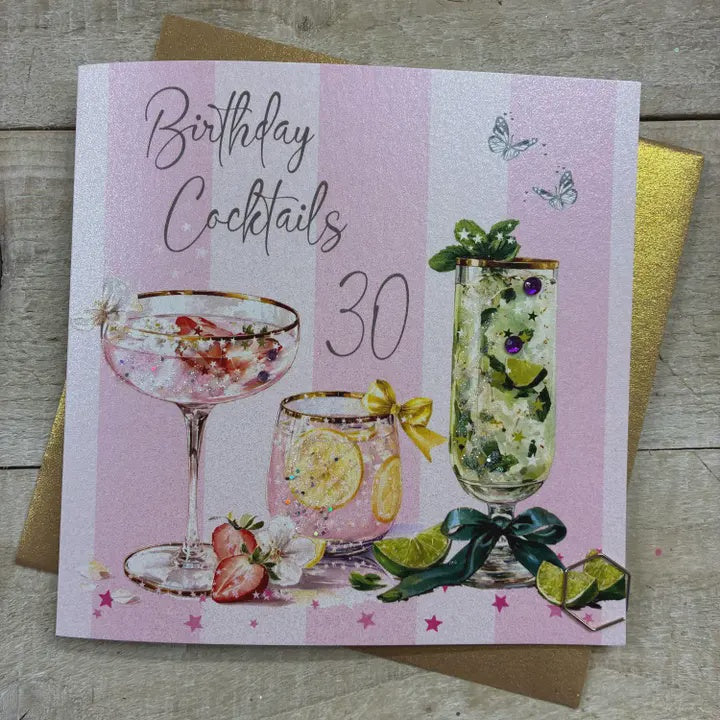 Age 30th Card: Lots of Cocktails & Stripes - Pink - White Cotton
